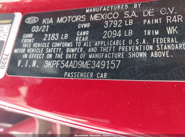 3KPF54AD9ME349157 2021 KIA FORTE Red ძრავის განყოფილების ხედი