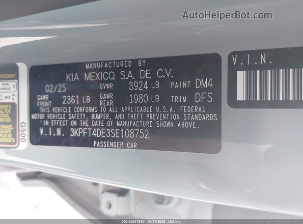 3KPFT4DE3SE108752 2025 KIA K4 Gray Engine compartment view