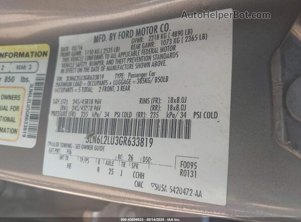 3LN6L2LU3GR633819 2016 LINCOLN MKZ HYBRID Gray 