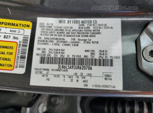 3LN6L5A93JR620706 2018 LINCOLN MKZ Серый 