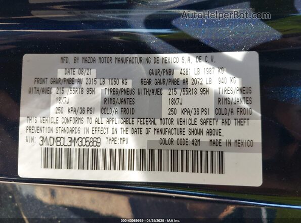 3MVDMBDL3MM305869 2021 MAZDA CX-30 Blue Вид підкапотного простору