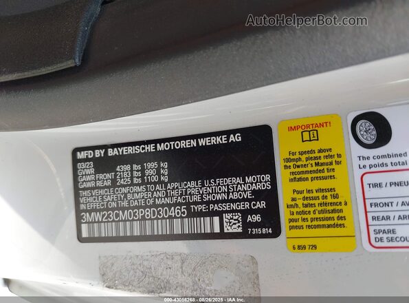 3MW23CM03P8D30465 2023 BMW 2 SERIES White Vista de la etiqueta del VIN