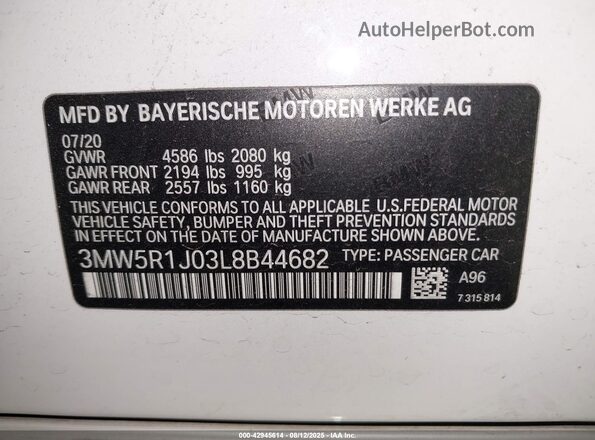 3MW5R1J03L8B44682 2020 BMW 3 SERIES Blue Engine compartment view