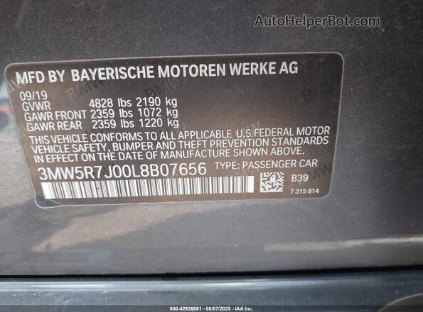 3MW5R7J00L8B07656 2020 BMW 3 SERIES Gray Vista del compartimento del motor