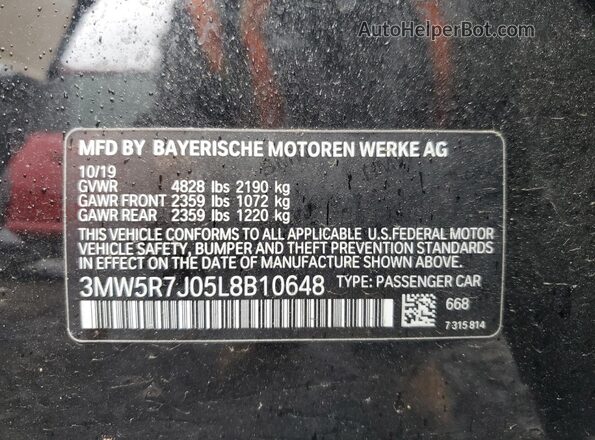 3MW5R7J05L8B10648 2020 BMW 3 SERIES Black Vista del compartimento del motor