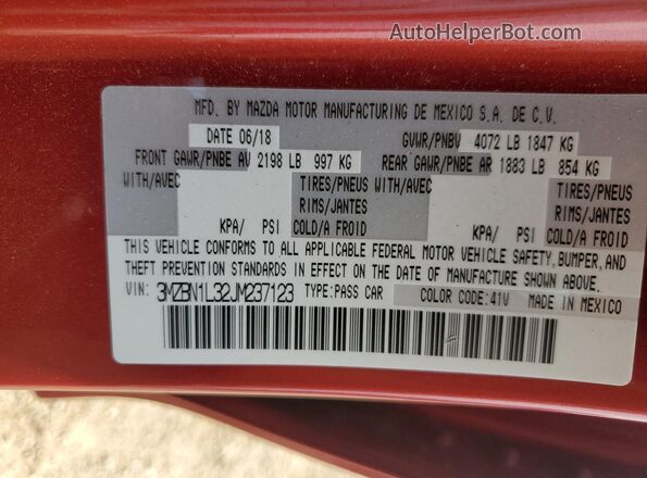 3MZBN1L32JM237123 2018 MAZDA 3 Красный 
