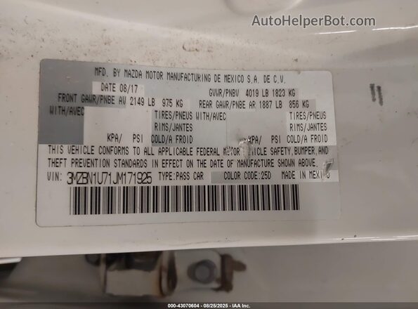 3MZBN1U71JM171925 2018 MAZDA 3 Белый 