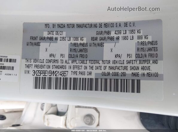 3MZBPBEY5MM214867 2021 MAZDA 3 White Вид підкапотного простору