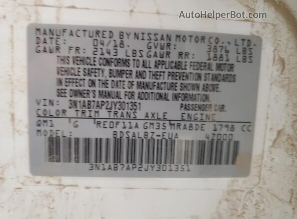 3N1AB7AP2JY301351 2018 NISSAN SENTRA White Widok komory silnika