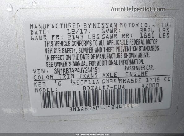3N1AB7AP4JY244151 2018 NISSAN SENTRA Silver 