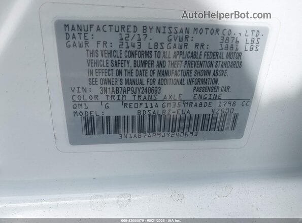 3N1AB7AP9JY240693 2018 NISSAN SENTRA Белый 