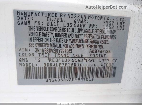 3N1AB8BV2MY297065 2021 NISSAN SENTRA White Engine compartment view