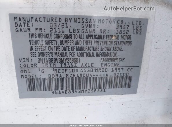 3N1AB8BV3MY258551 2021 NISSAN SENTRA White Вид підкапотного простору