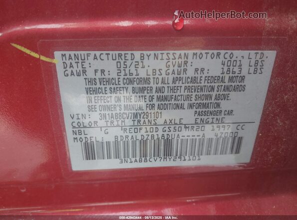 3N1AB8CV7MY291101 2021 NISSAN SENTRA Red Շարժիչի բաժամունքի տեսք