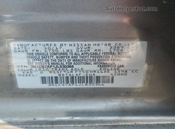 3N1CN7AP1JL830366 2018 NISSAN VERSA Gray 