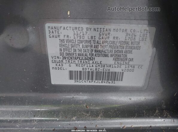 3N1CN7APXJL842631 2018 NISSAN VERSA Gray 