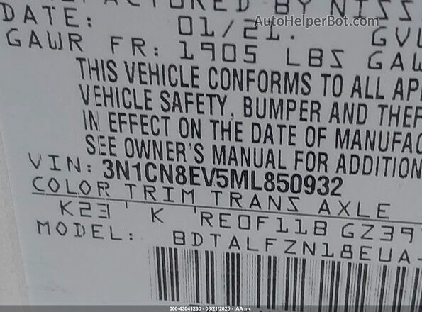 3N1CN8EV5ML850932 2021 NISSAN VERSA Silver 