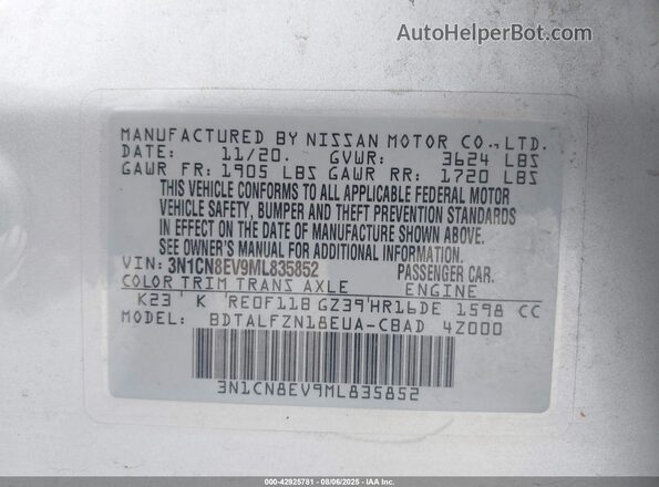 3N1CN8EV9ML835852 2021 NISSAN VERSA Silver 