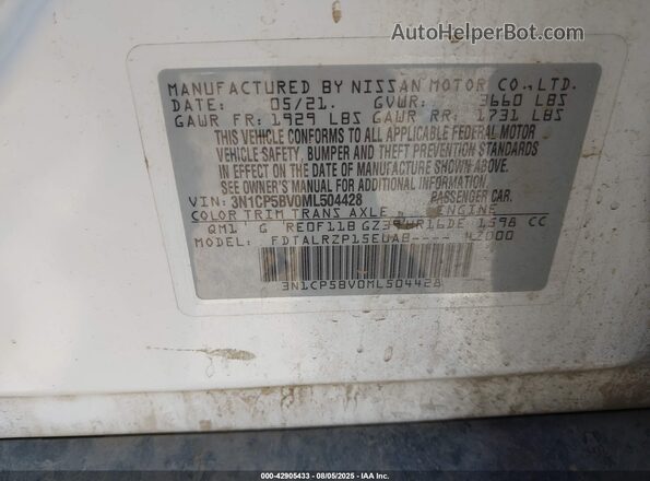 3N1CP5BV0ML504428 2021 NISSAN KICKS White Շարժիչի բաժամունքի տեսք