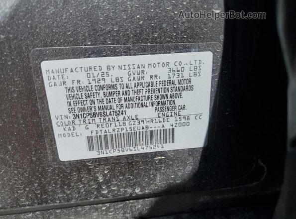3N1CP5BV6SL475241 2025 NISSAN KICKS Gray VIN კოდის სტიკერის ხედი