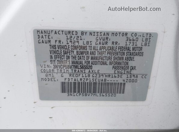 3N1CP5BV7ML565520 2021 NISSAN KICKS White Շարժիչի բաժամունքի տեսք