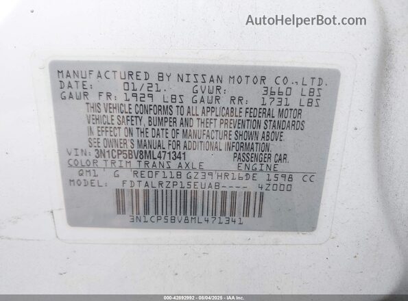 3N1CP5BV8ML471341 2021 NISSAN KICKS White Շարժիչի բաժամունքի տեսք