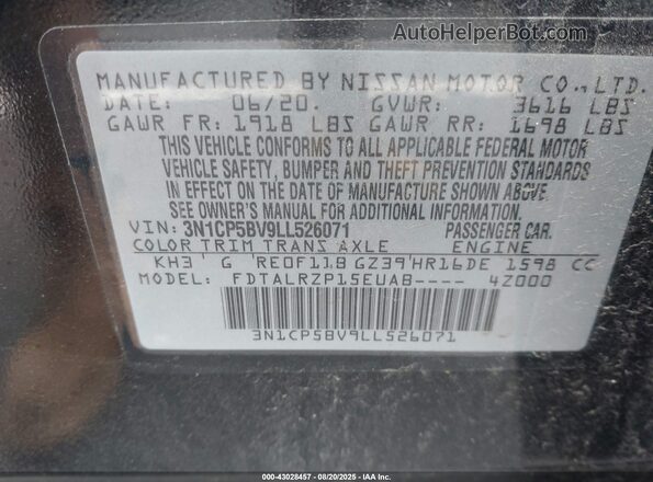 3N1CP5BV9LL526071 2020 NISSAN KICKS Black Вид підкапотного простору