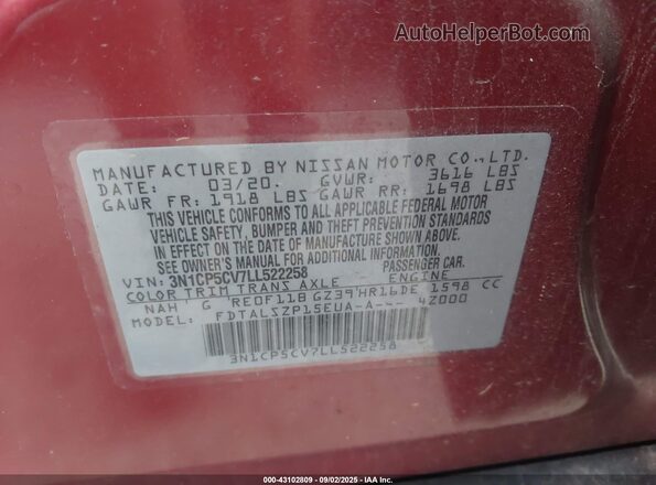 3N1CP5CV7LL522258 2020 NISSAN KICKS Red Շարժիչի բաժամունքի տեսք
