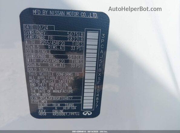 3PCAJ5FBXSF104877 2025 INFINITI QX50 White Vista del compartimento del motor