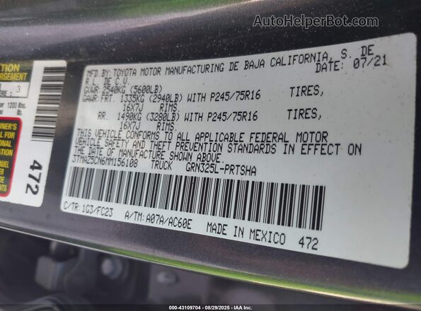 3TMAZ5CN6MM156108 2021 TOYOTA TACOMA Gray Շարժիչի բաժամունքի տեսք