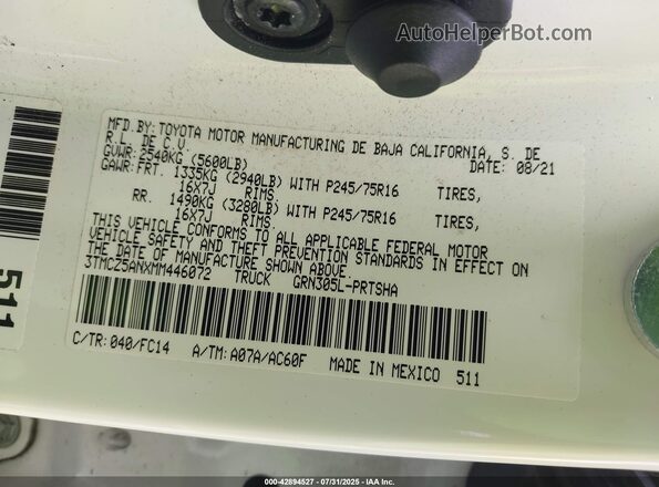 3TMCZ5ANXMM446072 2021 TOYOTA TACOMA White Շարժիչի բաժամունքի տեսք