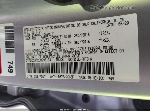 3TMDZ5BN2LM093134 2020 TOYOTA TACOMA Silver Շարժիչի բաժամունքի տեսք