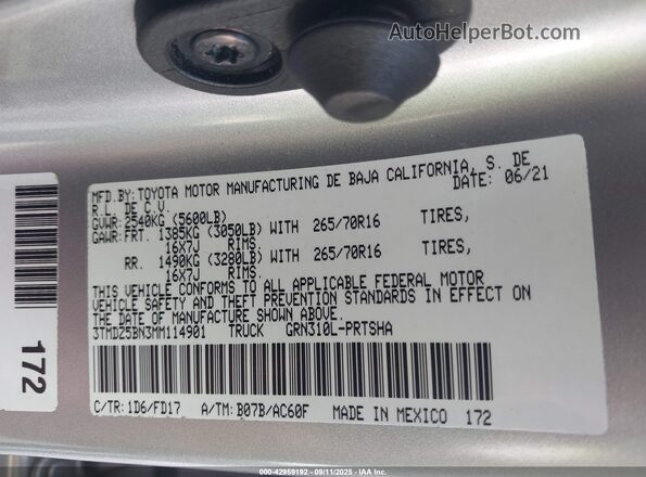 3TMDZ5BN3MM114901 2021 TOYOTA TACOMA Серый Вид подкапотного пространства