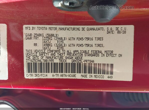 3TYAZ5CN4LT001995 2020 TOYOTA TACOMA Красный Вид подкапотного пространства