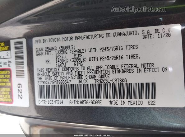 3TYRX5GN9MT008347 2021 TOYOTA TACOMA Gray Vista del compartimento del motor