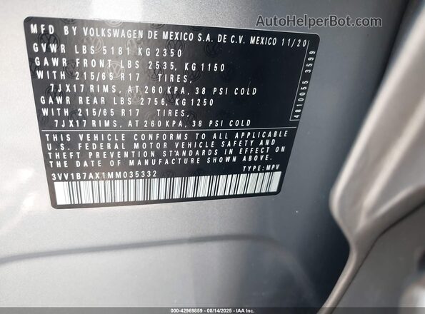 3VV1B7AX1MM035332 2021 VOLKSWAGEN TIGUAN Серый 