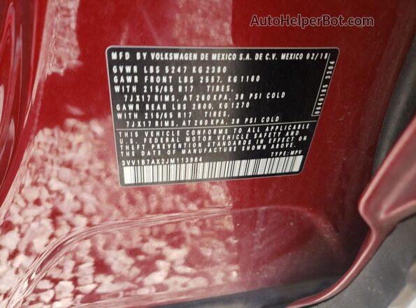 3VV1B7AX2JM113984 2018 VOLKSWAGEN TIGUAN Красный 