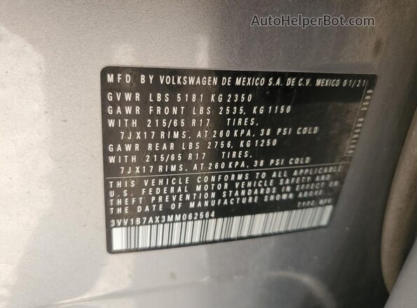 3VV1B7AX3MM062564 2021 VOLKSWAGEN TIGUAN Silver VIN կոդի պիտակի տեսք