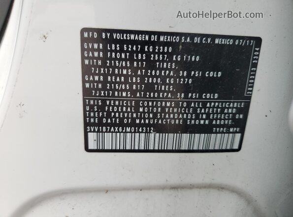 3VV1B7AX6JM014312 2018 VOLKSWAGEN TIGUAN White 