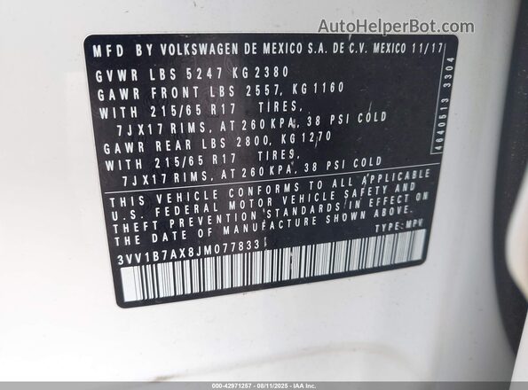 3VV1B7AX8JM077833 2018 VOLKSWAGEN TIGUAN White 