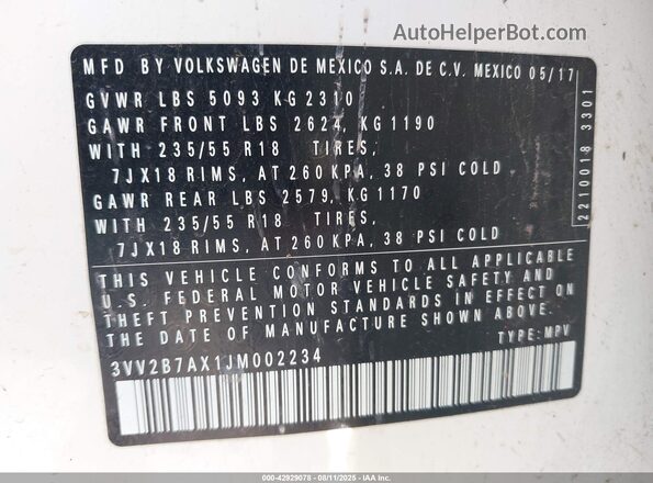 3VV2B7AX1JM002234 2018 VOLKSWAGEN TIGUAN White 