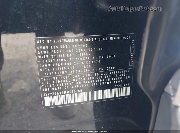3VV2B7AX1MM030765 2021 VOLKSWAGEN TIGUAN Black Շարժիչի բաժամունքի տեսք