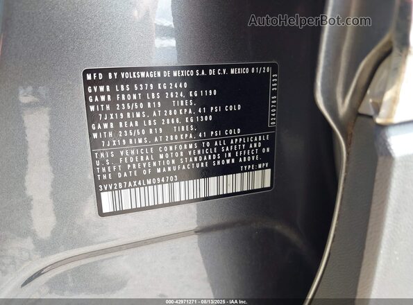 3VV2B7AX4LM094703 2020 VOLKSWAGEN TIGUAN Gray ძრავის განყოფილების ხედი