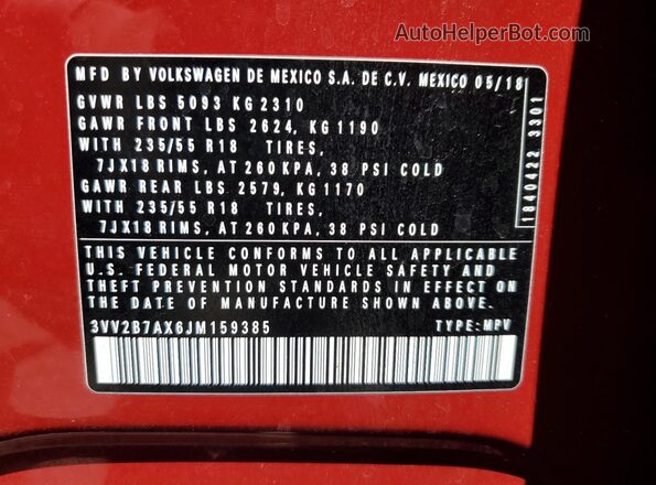3VV2B7AX6JM159385 2018 VOLKSWAGEN TIGUAN Red 