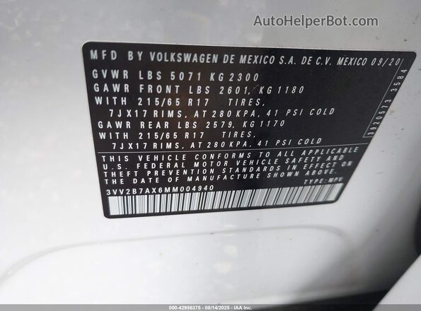 3VV2B7AX6MM004940 2021 VOLKSWAGEN TIGUAN Белый 
