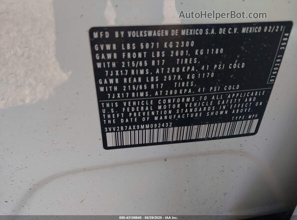 3VV2B7AX9MM092432 2021 VOLKSWAGEN TIGUAN Белый Вид подкапотного пространства