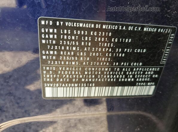 3VV2B7AX9NM135149 2022 VOLKSWAGEN TIGUAN  
