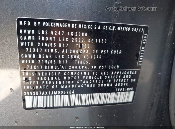 3VV3B7AX1JM005784 2018 VOLKSWAGEN TIGUAN Gray 