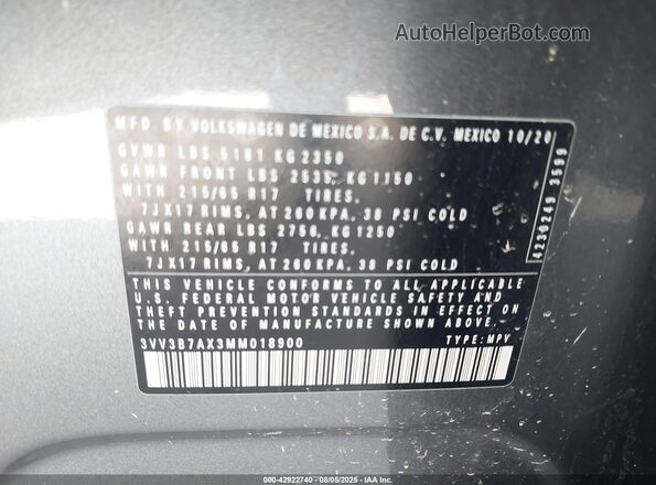 3VV3B7AX3MM018900 2021 VOLKSWAGEN TIGUAN Gray Շարժիչի բաժամունքի տեսք