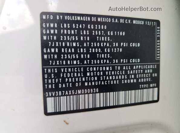 3VV3B7AX5JM090936 2018 VOLKSWAGEN TIGUAN White 